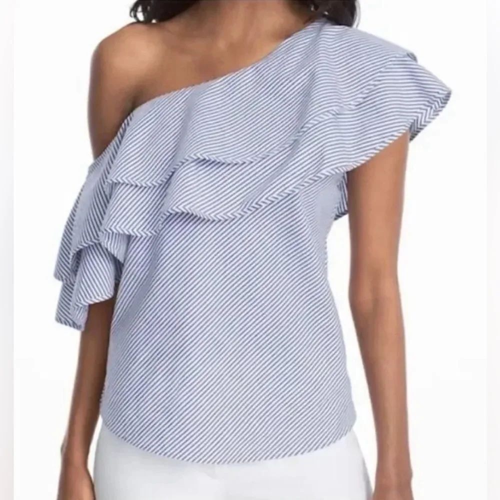 White House Black Market Ruffled Off The Shoulder Striped Ruffled Top 8